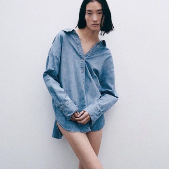 Zara Dresses & Skirts - Zara Woman Blue Frayed Hem Lyocell Lightweight Shirt Dress